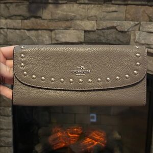 Coach Studded Leather Accordion Wallet in a taupe-gray w/stone colored accents